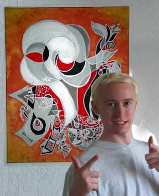 Man & Machine painting featuring blond Alex in 2004