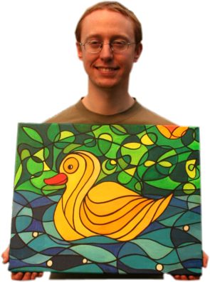 New owner Alex Kent plus The Yellow Duck painting by Silvia Hartmann