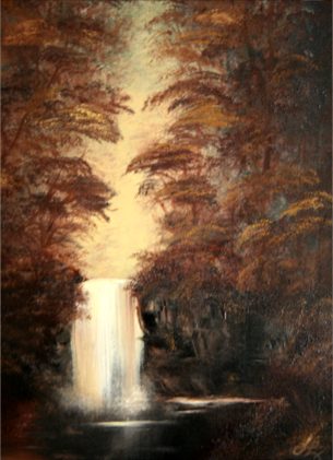 Bob Ross Tribute Oil Painting Sepia Waterfall by SFX