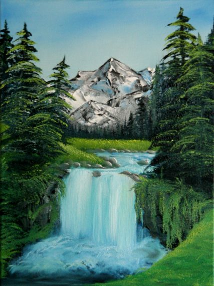 Bob Ross Tribute Oil Painting Valley Waterfall by SFX