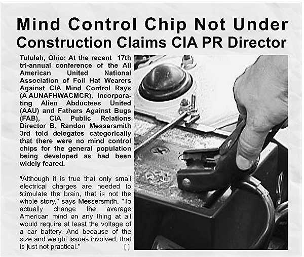 Satire mind control chip, CIA rays & foil hats fake newspaper article